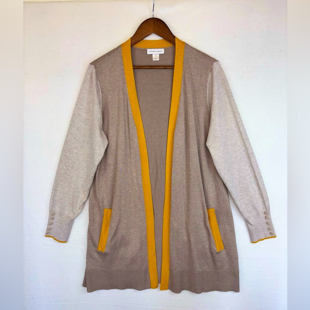CHRISTOPHER & BANKS Long Cardigan Sweater Duster Tan Neutral Workwear Open Large
